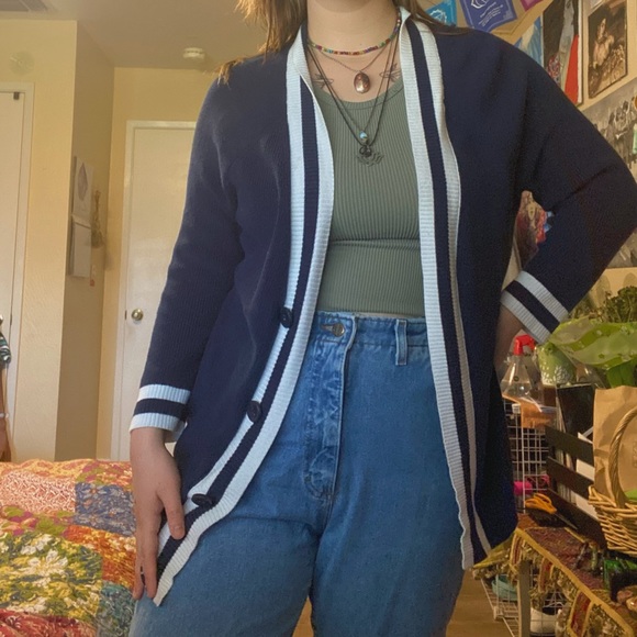 blue and white striped cardigan with buttons! 🪩💟 - Picture 2 of 5